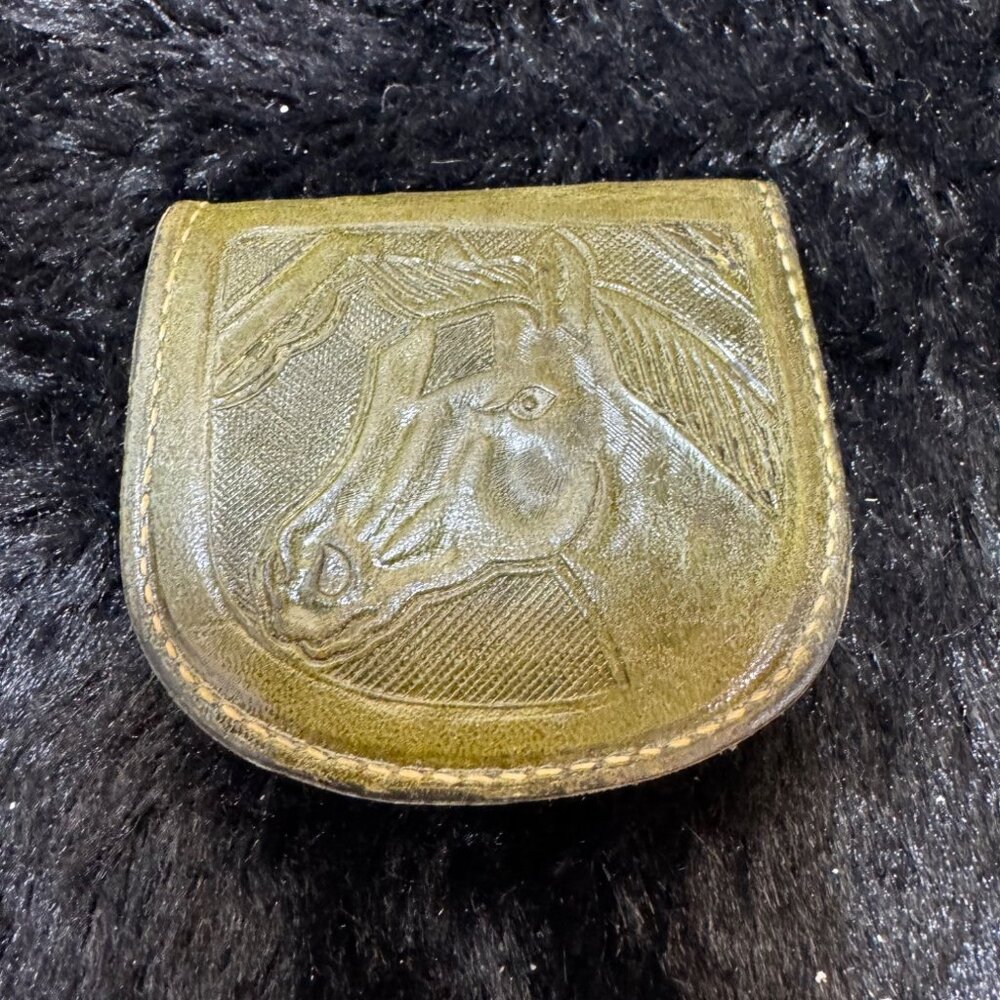 Vintage Green Leather Coin Purse With Embossed Horse Design Tooled Leather Horse